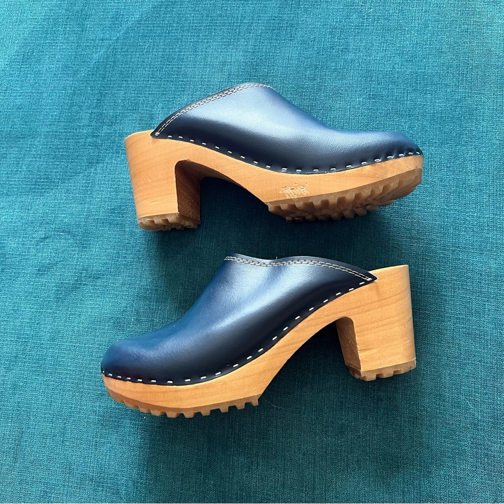Navy Leather Wooden Heel Clog Mules - Women's